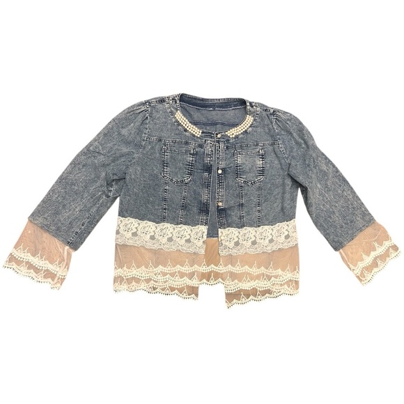 Slim Stitching Denim Top Blouse Long Sleeve Pearl Neckline & Lace Trim Size L - Picture 13 of 13